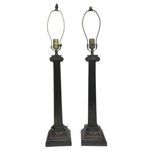 Ionic Column Table Lamp Pair Set Metal Architectural Brown Neoclassical